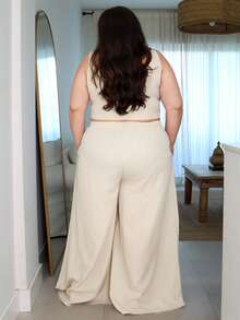 Pretty and Ole 2025 Spring & Summer Resort Casual Khaki Fish Bone Strap Top And Wide Leg Pants Pocketed 2 Pieces Set, Textured Fabric, Women Plus Size Suit - Khaki - View 2
