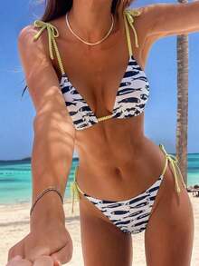 Swim Vcay Bộ bikini 2 mảnh gợi cảm, thời trang và ngọt ngào với nơ buộc vai, không gọng, có đệm mút tháo rời dành cho nữ. - Màu xanh lam - Xem 1