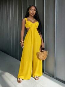 Slaydiva 2026 Spring/Summer New Vacation Yellow Boho Textured Camisole With Wide-Leg Cutouts Women Jumpsuit.Suitable For Everyday Outings, Boho , Travel, Beach, Western, Nomadic, Dating, Parties, Shopping, Afternoon Tea, Vacation, Trip, Concert, Airport Outfit, Brunch Outfit, Club-A Yellow Dress Maxi Elisanya Yellow Dress For Women Beach Yellow Dress Maxi Pregnancy Yellow Outfits For Women Yellow Cover Up - Yellow - View 9