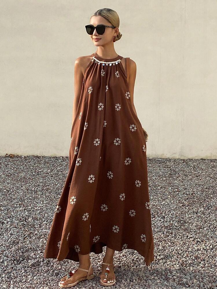 Women's Allover Print & Sequin Patchwork Loose Sleeveless Dress, Vacation Style