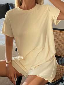 Livesso 女士舒适纯色简约针织波浪下摆睡衣套装，夏季 - 白色 - 查看 3
