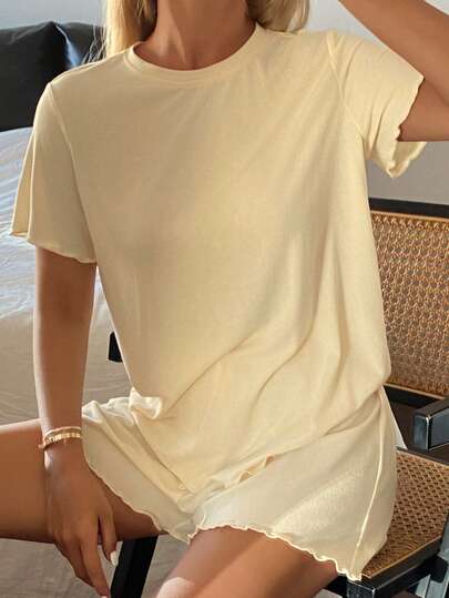 Livesso Women's Comfortable Solid Color Minimalist Knit Wavy Hem Pajama Set, Summer