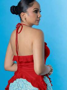 Melissa Matos 浪漫红色荷叶边丝带和 3D 花朵领带上衣女士上衣音乐会女装性感服装 - 紅色 - 查看 3