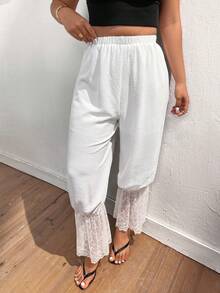 Lounesse Plus Size Women Lantern Pants With Lace Patchwork,Casual White Summer Basic Smart Casual Holiday Trousers,7/8 Length Beach Pants For Daily Wear - White - View 3