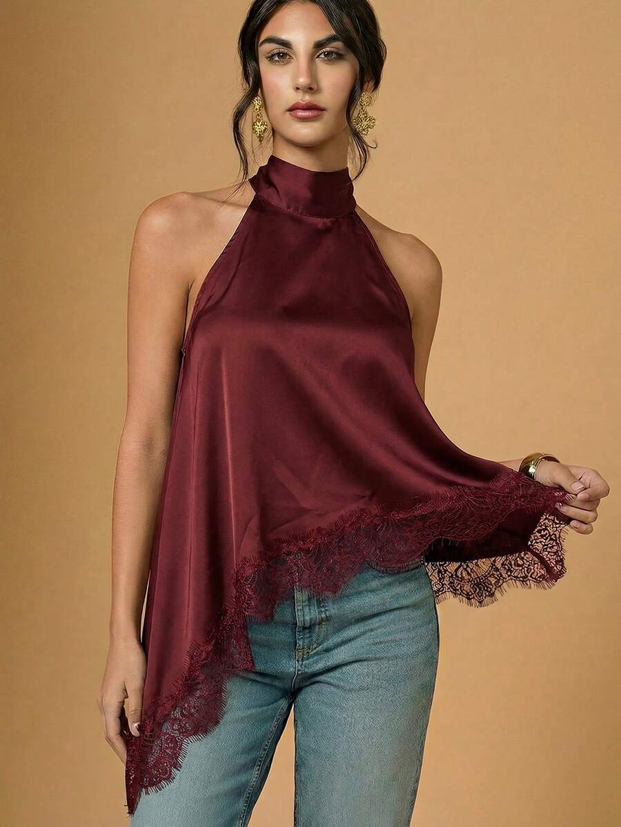 Briarwyn Top elegant pentru femei, cu guler halter, din dantelă contrastantă, în culori uni, cu tiv asimetric - Burgundia - Vizualizare 1