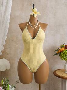 Swim Mod Women's Spring/Summer New Yellow Textured Fabric Light Blue Floral Trim V-Neck Halter Backless One-Piece Swimsuit One Piece Bathing Suits For Women One Piece Bikini For Women Beach Wear Women Outfits Bodysuits Women Summer Bikini Bodysuit - Yellow - View 4