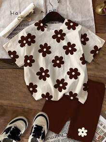 SHEIN Bộ 2 món đồ mặc nhà dễ thương in họa tiết hoa cho bé gái, gồm áo thun cổ tròn tay ngắn và quần legging ôm sát, thích hợp mặc hàng ngày vào mùa xuân/hè, đi nghỉ mát, phong cách Y2K. - Nhiều màu - Xem 2