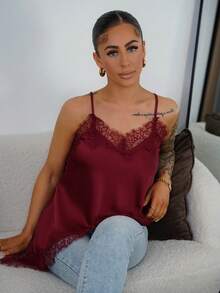 SAYEHFBABY Red Elegant Lace Trim Camisole Top For Women, Asymmetric Hem Party Going Out Top - Burgundy - View 5