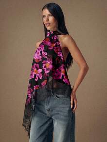 SHEIN BAE 女士复古印花不对称撞色蕾丝衬衫，浪漫优雅，适合派对、生日、外出、旅行等场合。 - 彩色 - 查看 6