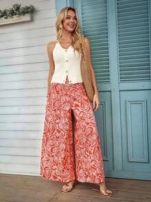 SHEIN LUNE Women's Casual Retro Print High Waist Wide Leg Pants, Suitable For Spring/Summer Vacation - Red - View 6