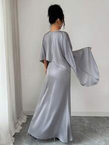 Rafferiza Women's Kurti Set, Women's Gul Pleated Skirt Set, Satin Fabric Mixed With Shiny Satin, Fitted Round Neck Flare Sleeve Asymmetric Ruched Super Flared Hem, Elegant Sexy Luxurious Romantic Casual Spring Summer Women Shirt & Skirt 2-Piece Set - Grey - View 2