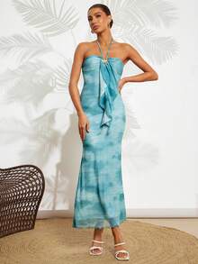 Amorya Light Blue And White,Summer,Casual,Vacation,Holiday Knitted Mesh Fabric Gradient Slim Fit Hanging Neck Metal Buckle Decoration Fish Tail Long Dress - Multicolor - View 7