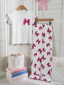 Women's Regular Fuchsia 3D Bow Tie Element Ruffle Sleeve Top And Ruffle Hem Pants Homewear Set, Made Of Soft And Comfortable Fabric, Sweet And Economical Outfit For Girls At Home - White - View 3