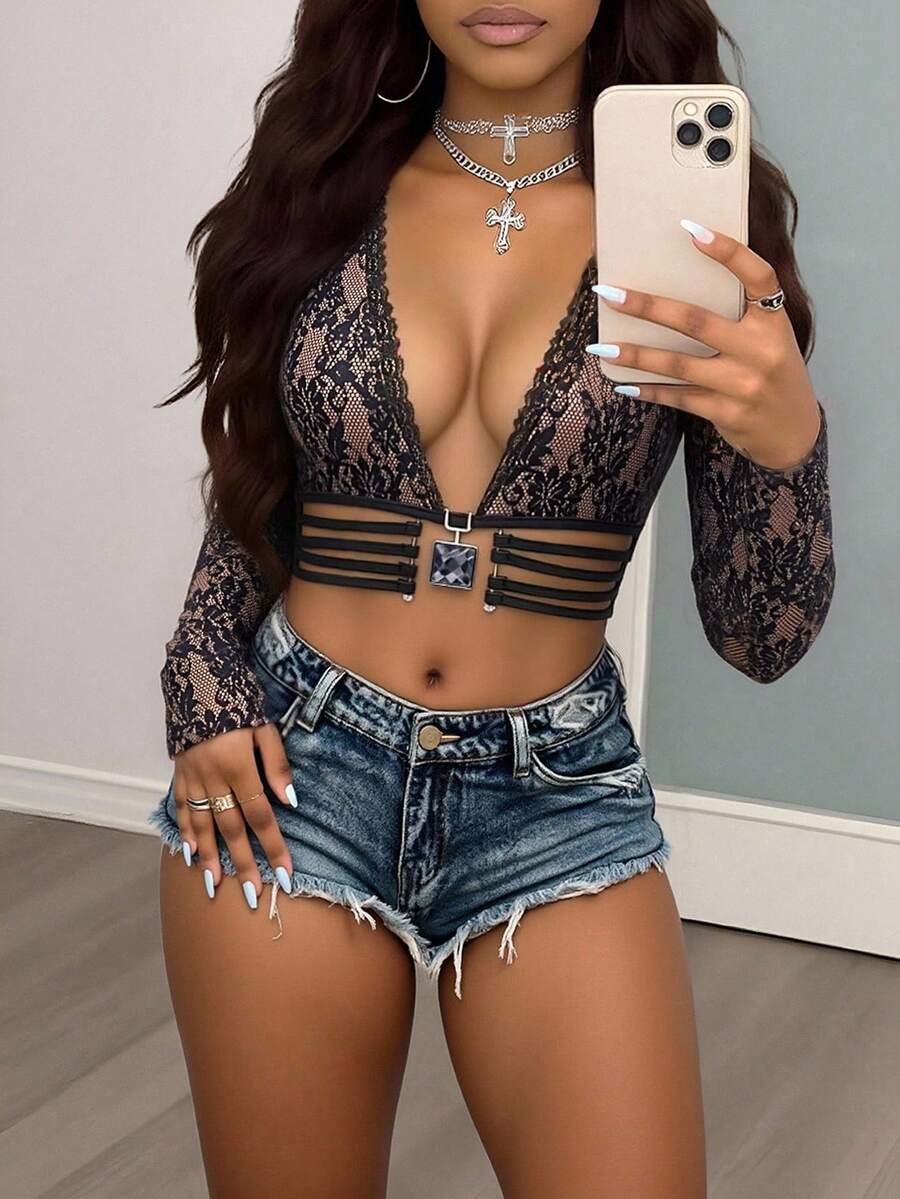 Glyssa Nuova camicetta da donna sexy in pizzo a maniche lunghe, aderente e trasparente, adatta per feste, discoteche, spiaggia, feste in piscina nella primavera iniziale, primavera ed estate - nero - Visualizzare 1