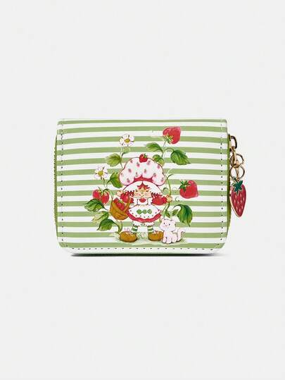 Strawberry Shortcake X SHEIN محفظة نسائية بسيطة بسحاب، محفظة صغيرة بتصميم قطة وفراولة