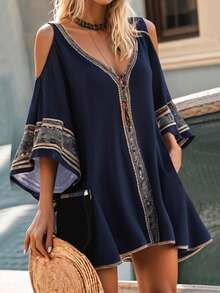 EMERY ROSE Women's Vacation Casual Printed Patchwork Off-Shoulder Dress - Multicolor - View 1