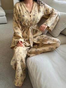 DAZY Bộ đồ ngủ nữ 2 món, chất liệu chiffon in họa tiết hoa văn, phối cúc trang trí, màu xuân. - Màu Khaki - Xem 9