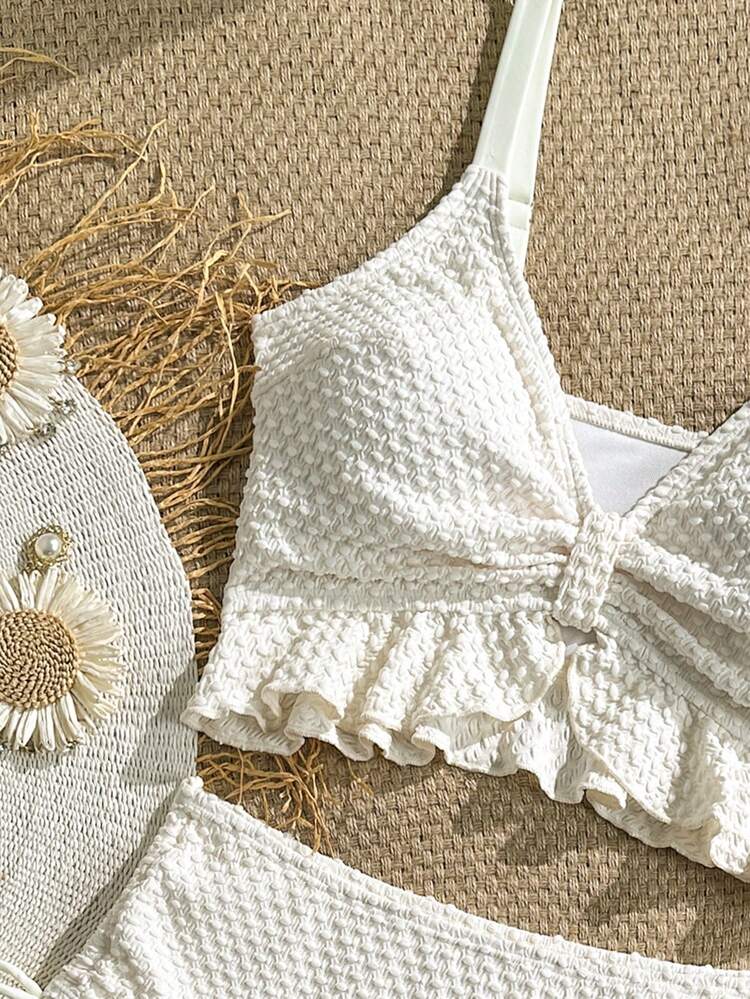 Swim Vcay Top de bikini acanalado de cintura alta con cordón y volantes de tela texturizada de unicolor para playa y vacaciones - Albaricoque - Ver 4