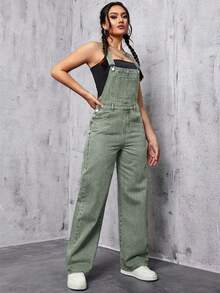 SHEIN ICON Casual Washed Denim Bib Overall Jumpsuit - Army Green - View 8