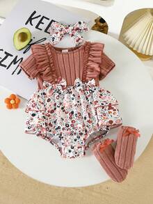 Baby Girls' Summer Knitted Ribbed Patchwork Ditsy Floral Romper With Ruffled Skirt, Comes With Decorative Headband And Foot Covers, Short Sleeve - Dusty Pink - View 2
