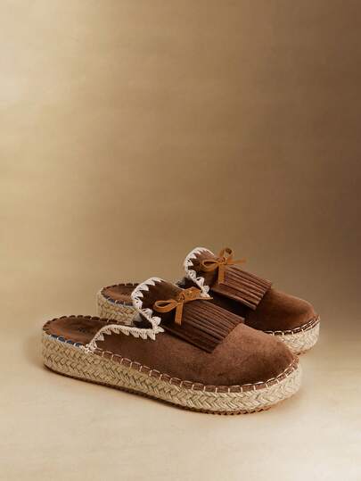 Rosivie Women's Tassel Bow Decor Wedge Slippers