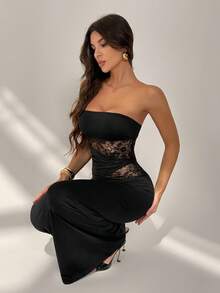 SHEIN Tall Women's Black Elegant Lace Stitching Sincere Long Dress,Elegant Women Dresses,Party Women Outfits,New Years Women Dress,Black Women Dresses,New Years Women Outfit,New Year Party Dress Summer Dresses For Women - Black - View 7