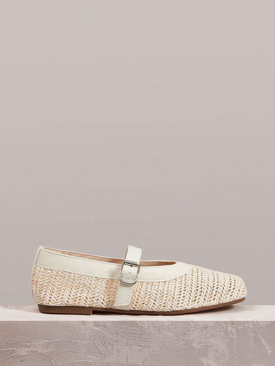 Styleloop Women Shoes Holiday Style Woven Shoes Noodle Belt Women's Flat Single Shoes Holiday Style Wear BOHO Wear American Retro Style Bohemian Style Western Style Music Festival Wear Party Wear Flat Women's Shoes - Apricot - View 1