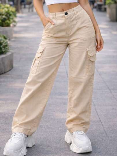 Pantalón cargo mujer tiro alto pierna amplia bolsillos laterales streetwear casual urbano cintura elástica loose fit