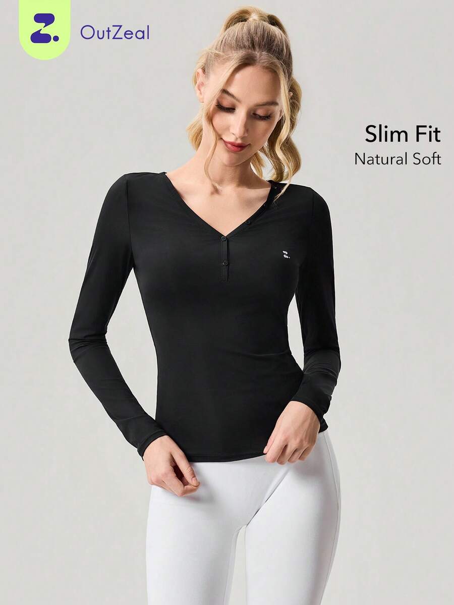 OutZeal Casual Versatile Deep V Slightly Sheer Long Sleeve Sports T-Shirt - Black - View 1
