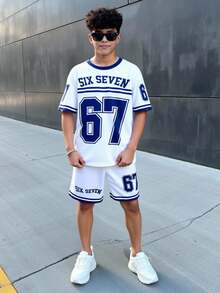 SHEIN 2件套青少年男童休闲经典酷炫棒球运动风套装，67号，星形印花短袖圆领T恤和短裤套装，适合春夏季节日常穿着、运动、郊游、上学、聚会、节日、拍照等场合。 - 彩色 - 查看 4