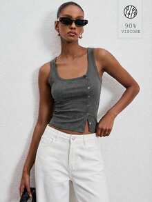 ATUI Studio Blusa sin mangas de cuello redondo y botones delanteros de unicolor minimalista para mujer, de verano - Gris - Ver 1