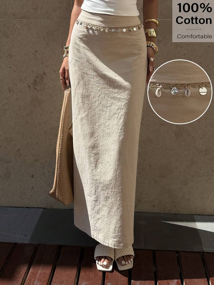 Siren Gaze 女士新款夏季服装，女士职业装，女士休闲装，Siren Gzae 杏色沙滩装，女士休闲度假吊坠装饰半身裙，夏季亚麻半身裙，女士纱笼裹身裙，女士长裙 - 杏色 - 查看 1