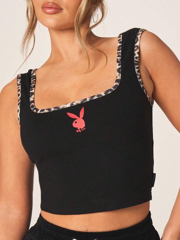 Missguided x Playboy Leopard Print Binding Square Neck Cami Top With Pink Bunny Logo Sleeveless Crop Tank