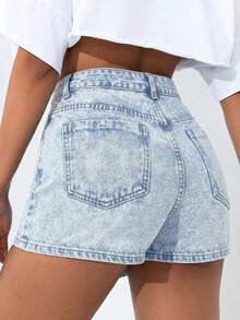 SHEIN Tall 不对称纽扣腰部水洗牛仔迷你裙短裤 - 淺色水洗藍 - 查看 6