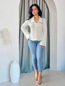 Vassilux Cardigan Casual Feminino de Manga Longa e Abotoamento Simples com Gola, Outono - Branco - Visão 6