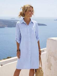 Faunlyn Women's Striped Roll-Tab Sleeve Front Button Shirt Dress For Vacation & Leisure - Blue and White - View 3