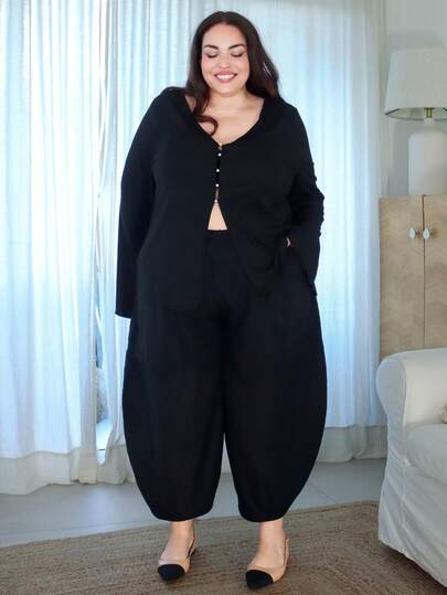 Pretty and Ole Pantalones holgados tipo globo estilo francés para mujer de talla grande, color negro, con pierna recta y casual