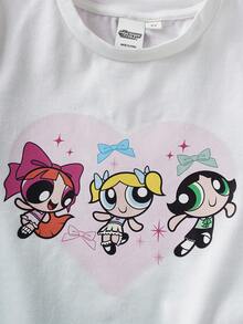 THE POWERPUFF GIRLS X SHEIN Round Neck Short Sleeve T-Shirt For Young Girls - White - View 4