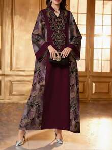 SHEIN Najma 紫色紮染碎花拼接刺繡V領開衩下擺長袖長洋裝，優雅阿拉伯風春夏度假穿搭 - 彩色 - 查看 4