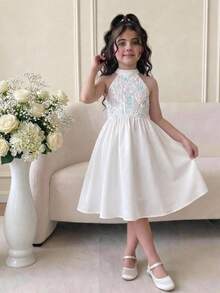 SHEIN Tween Girl Spring/Summer Elegant Glamorous 3D Embroidered Sequin Mesh Patchwork Big Bow Sleeveless Cinched Waist Princess Flare Dress Flower Girl Wedding Season Dress White Tween Girl - White - View 7