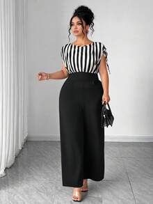 Elenzga Bộ jumpsuit ống rộng phối sọc thanh lịch dành cho nữ cỡ lớn, thích hợp cho công sở và mặc hàng ngày. - Nhiều màu - Xem 8