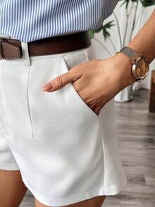 Franclia Bộ 2 món áo sơ mi ngắn tay cổ bẻ phối màu tương phản kẻ sọc mùa hè cho nữ, kèm quần short trắng, thích hợp đi làm, bộ áo sơ mi thường ngày, bộ đồ kẻ sọc cho nữ. - Xanh và trắng - Xem 3