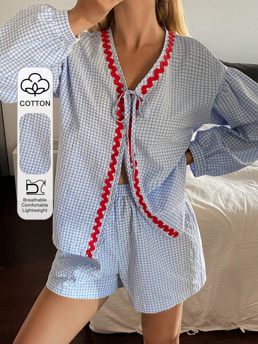 DAZY Bộ đồ ngủ nữ mùa xuân hè gồm áo khoác cardigan dài tay và quần short kẻ caro dáng rộng 2 món. - Màu xanh lam - Xem 1