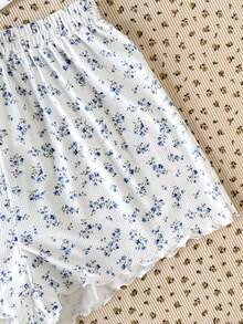 SHEIN 少女碎花圆领T恤短裤睡衣套装，休闲家居服 - 白色 - 查看 5