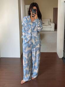 DAZY Elegant Plant Silhouette Print Cinched Waist Sleepwear Set For Women - Blue - View 5