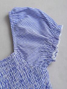 Sweetra Women's Elegant Plaid Square Neck Short Dress For Commuting - Blue - View 5