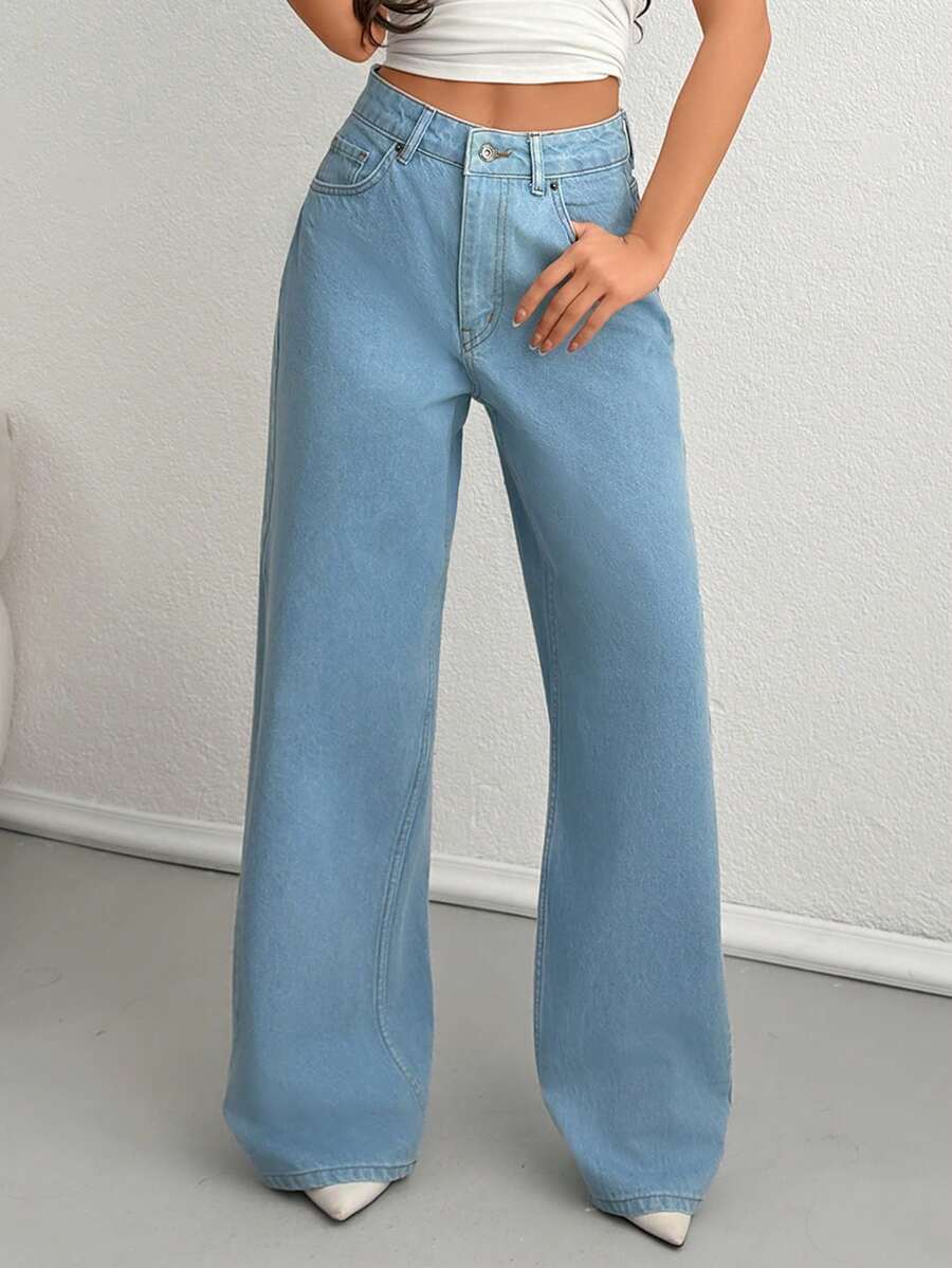 Women High-Rise Washed Detail Soft Touch Wide Leg Casual Denim Jeans - Light Wash - View 1