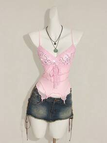 SHEIN ICON Women's Vintage Brown Sequin & Beaded V-Neck Camisole,Pink Top - Pink - View 4