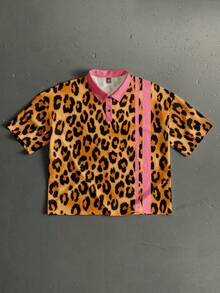 StoneGrade 复古美式豹纹粉色条纹宽松短款Polo衫，时尚百搭，适合约会和聚会，是送给男朋友的理想礼物 - 黃色 - 查看 1