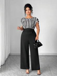 Elenzga Bộ jumpsuit ống rộng phối sọc thanh lịch dành cho nữ cỡ lớn, thích hợp cho công sở và mặc hàng ngày. - Nhiều màu - Xem 3